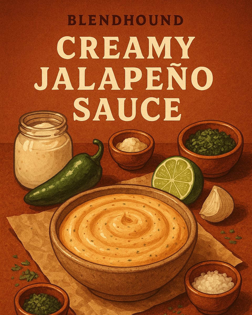 Illustrated BlendHound poster for Creamy Jalapeno Sauce, a sauce featuring mayonnaise, jalapeno, lime juice.