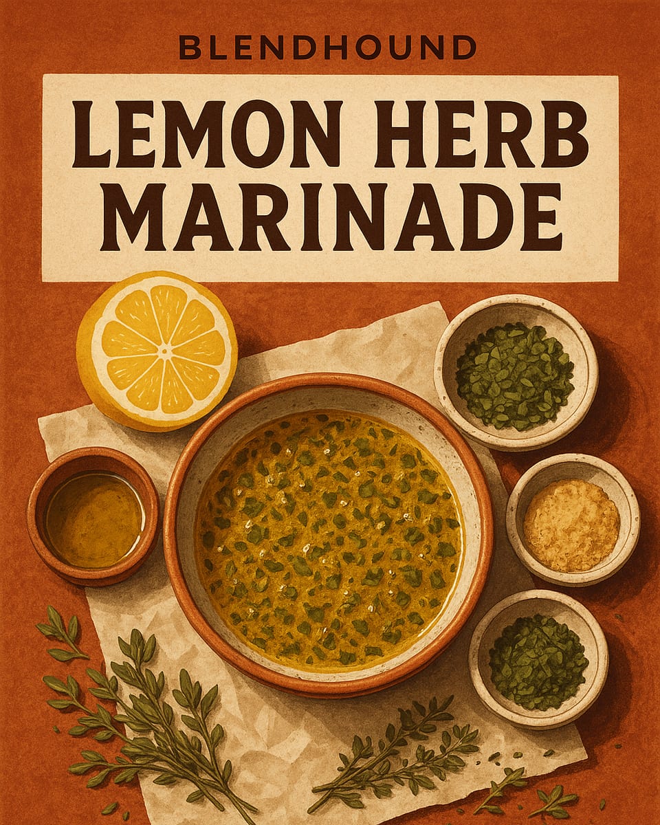Illustrated BlendHound poster for Lemon Herb Marinade, a brine & marinade featuring olive oil, lemon juice, garlic powder.
