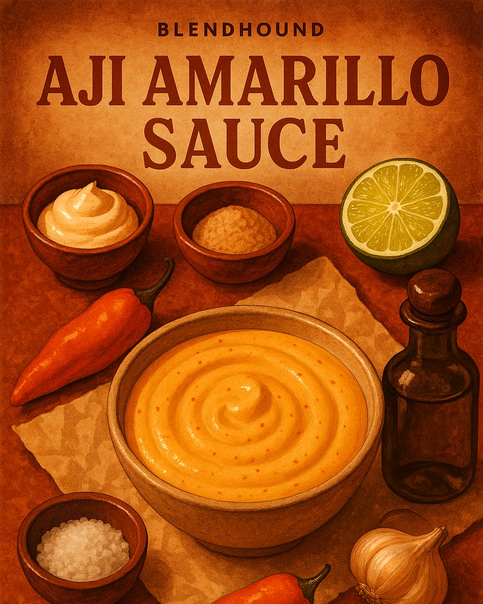 Illustrated BlendHound poster for Aji Amarillo Sauce, a sauce featuring aji amarillo paste, mayonnaise, lime juice.