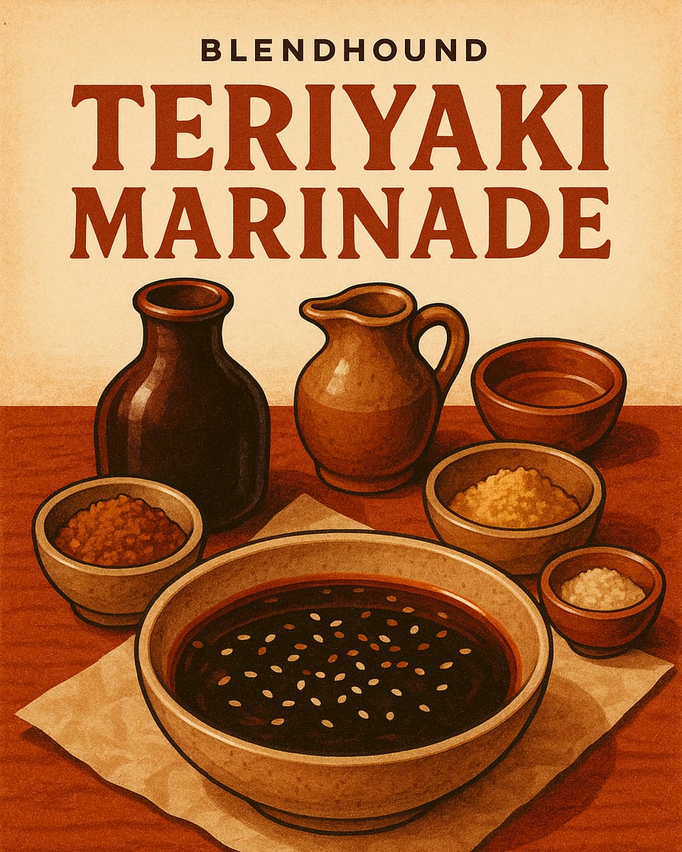 Illustrated BlendHound poster for Teriyaki Marinade, a brine & marinade featuring soy sauce, brown sugar, ground ginger.