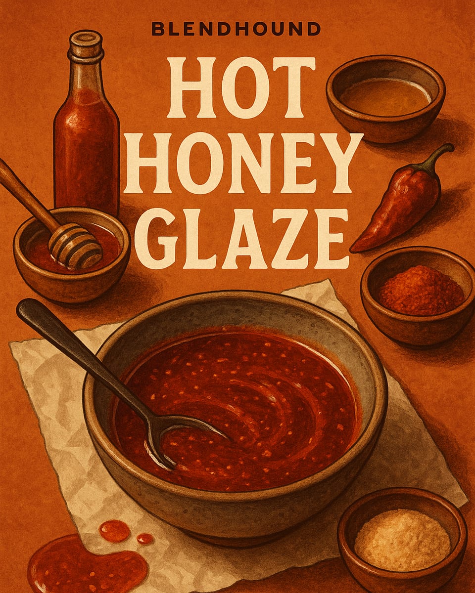 Illustrated BlendHound poster for Hot Honey Glaze, a sauce featuring honey, hot sauce, cayenne pepper.