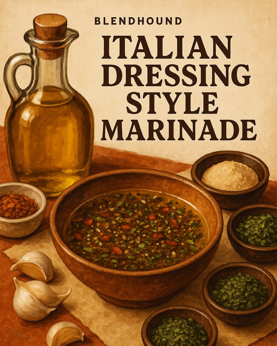 Illustrated BlendHound poster for Italian Dressing Style Marinade, a brine & marinade featuring olive oil, vinegar, garlic powder.