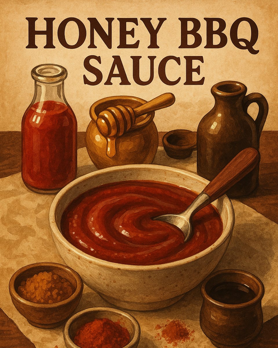 Illustrated BlendHound poster for Honey BBQ Sauce, a sauce featuring ketchup, honey, brown sugar.