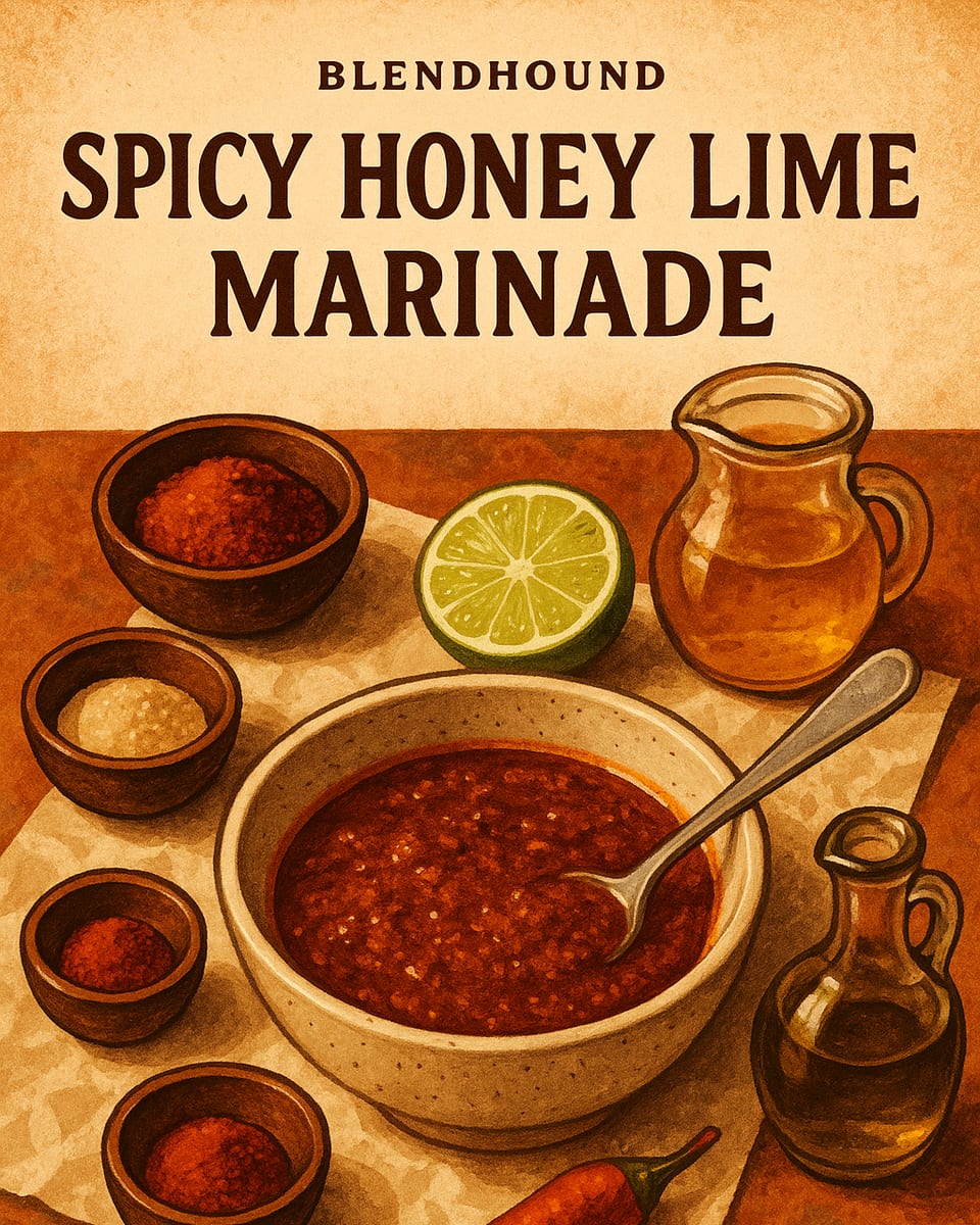 Illustrated BlendHound poster for Spicy Honey Lime Marinade, a brine & marinade featuring honey, lime juice, olive oil.
