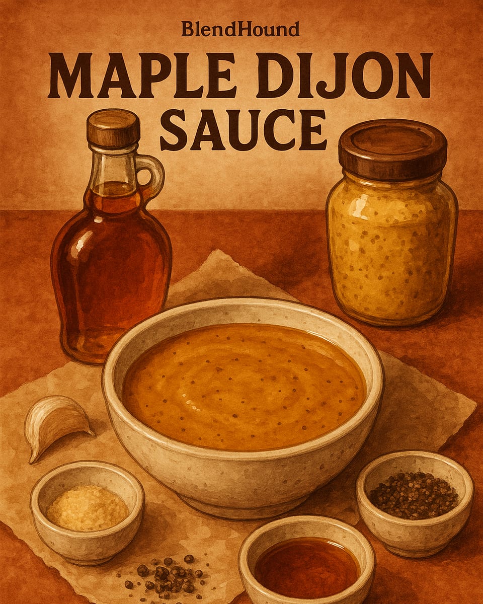 Illustrated BlendHound poster for Maple Dijon Sauce, a sauce featuring maple syrup, dijon mustard, apple cider vinegar.