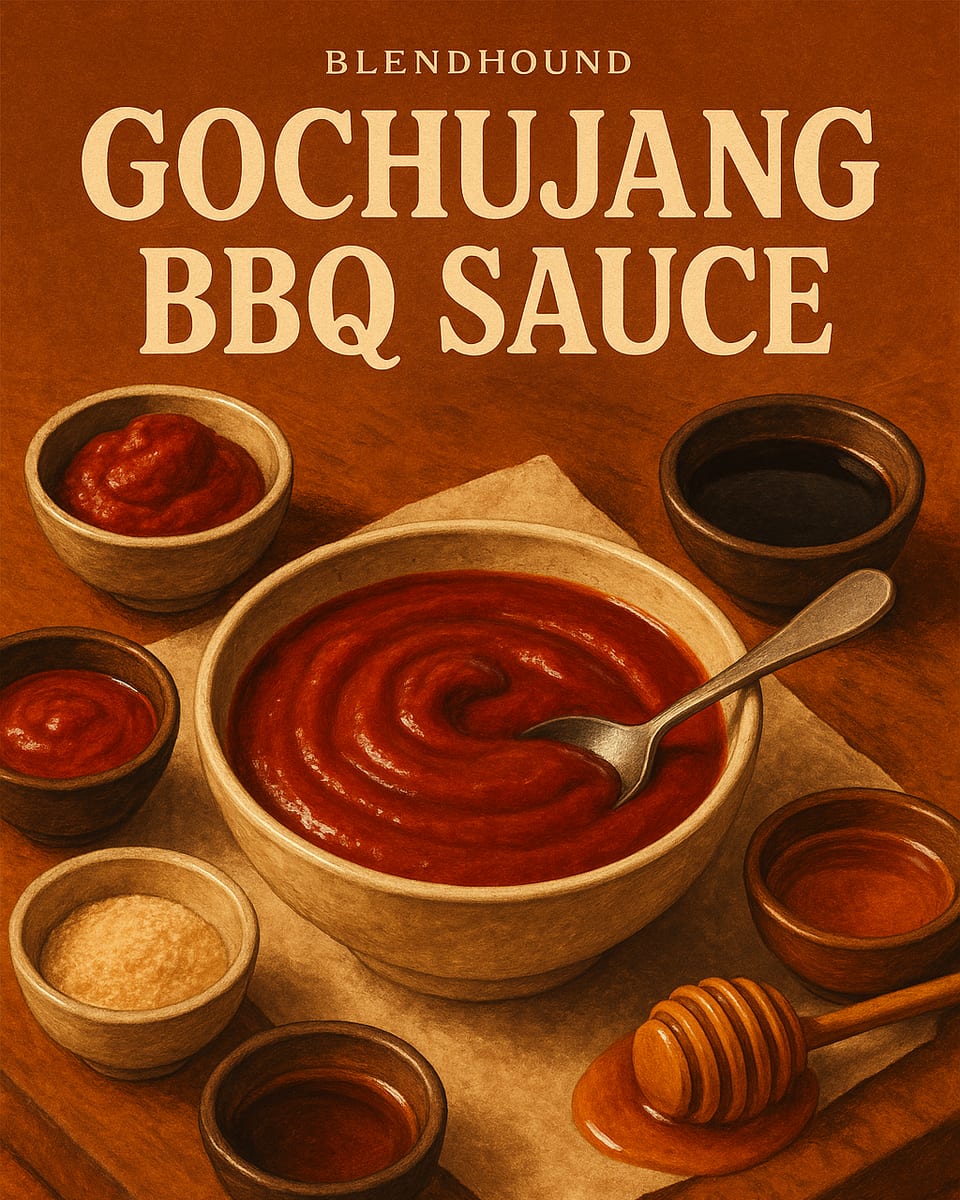 Illustrated BlendHound poster for Gochujang BBQ Sauce, a sauce featuring gochujang, ketchup, soy sauce.