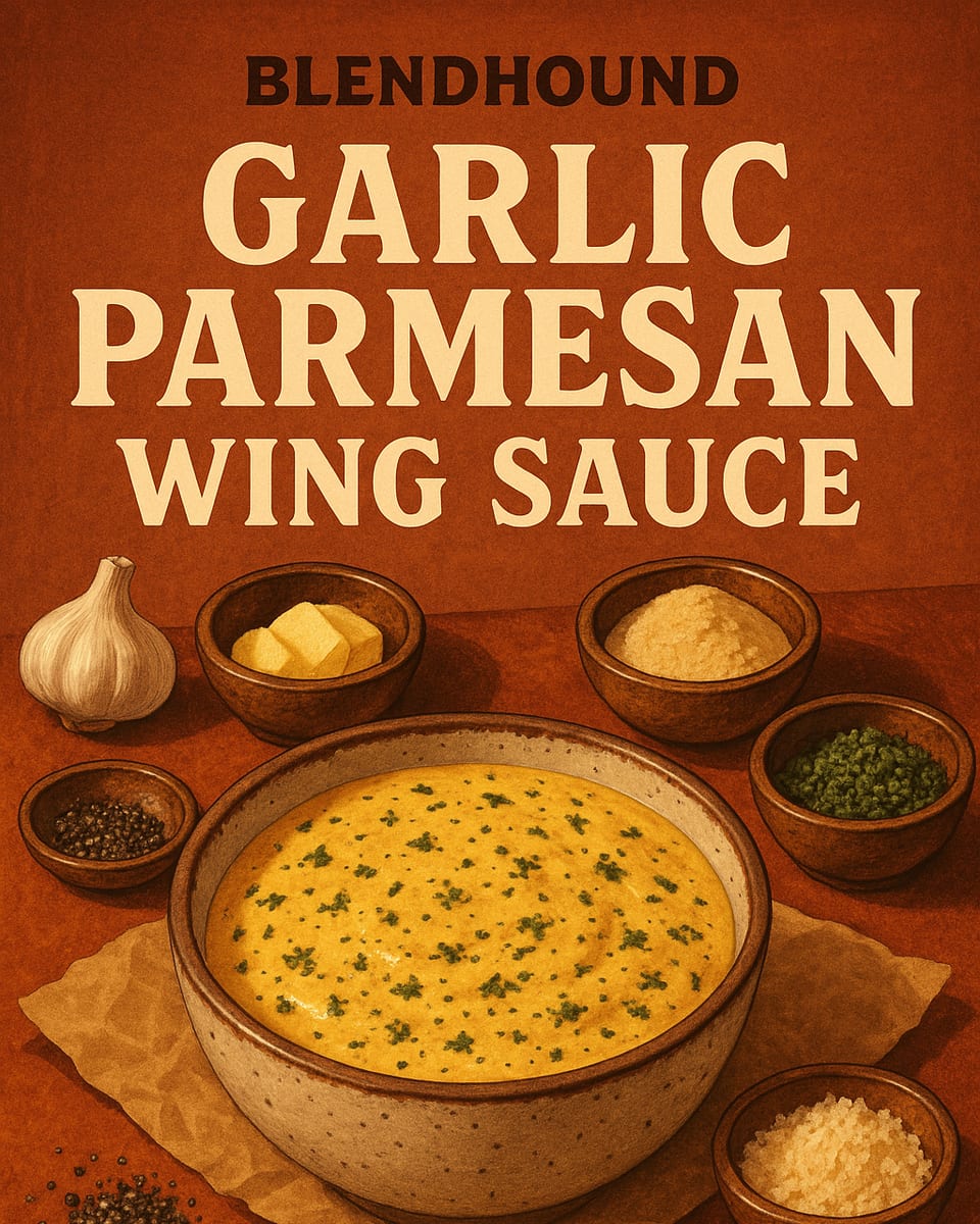 Illustrated BlendHound poster for Garlic Parmesan Wing Sauce, a sauce featuring butter, garlic powder, parmesan.