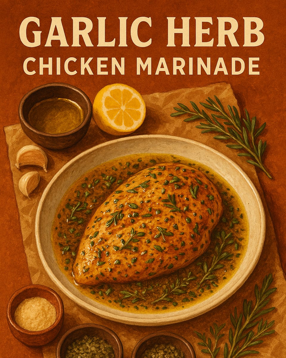 Illustrated BlendHound poster for Garlic Herb Chicken Marinade, a brine & marinade featuring olive oil, lemon juice, garlic powder.