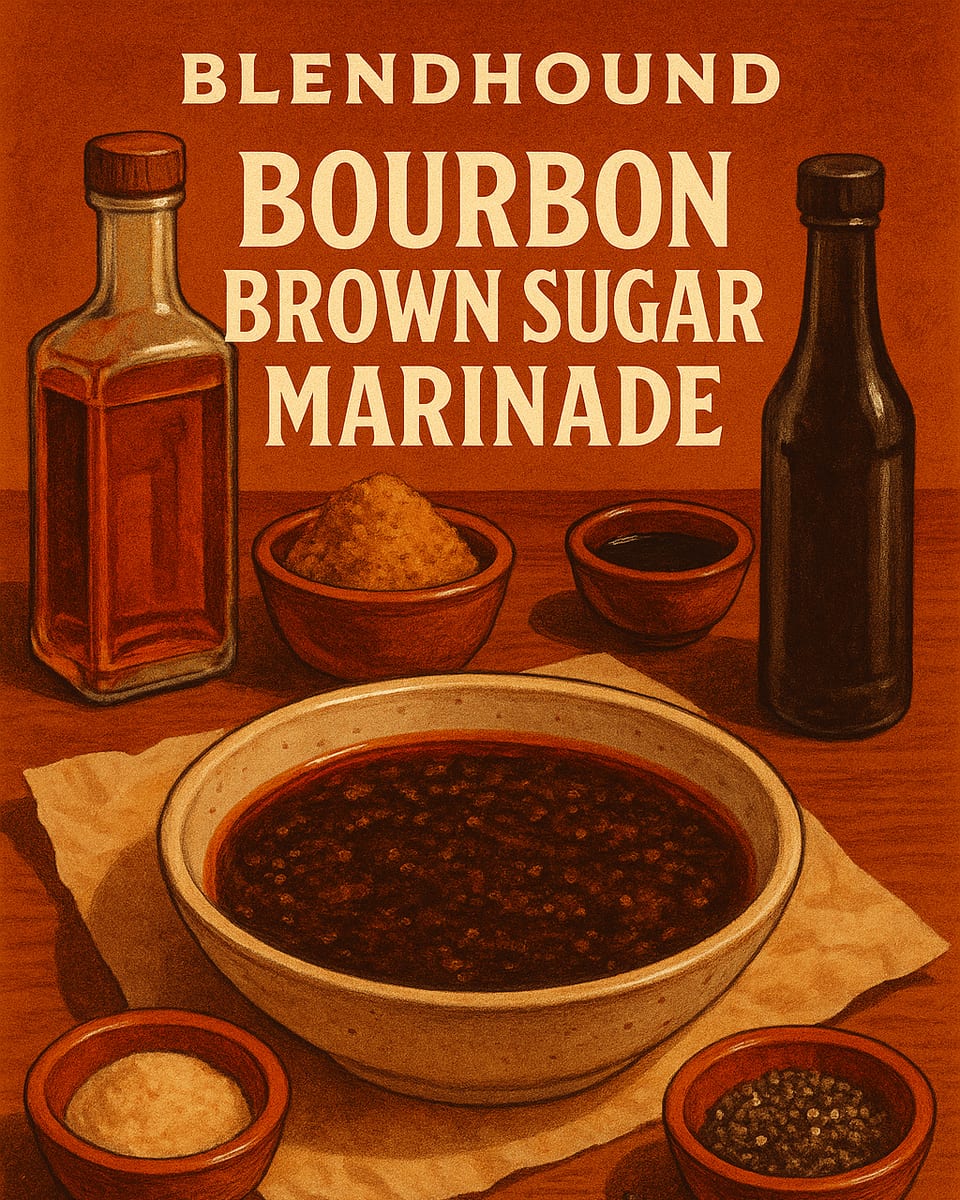 Illustrated BlendHound poster for Bourbon Brown Sugar Marinade, a brine & marinade featuring bourbon, brown sugar, soy sauce.