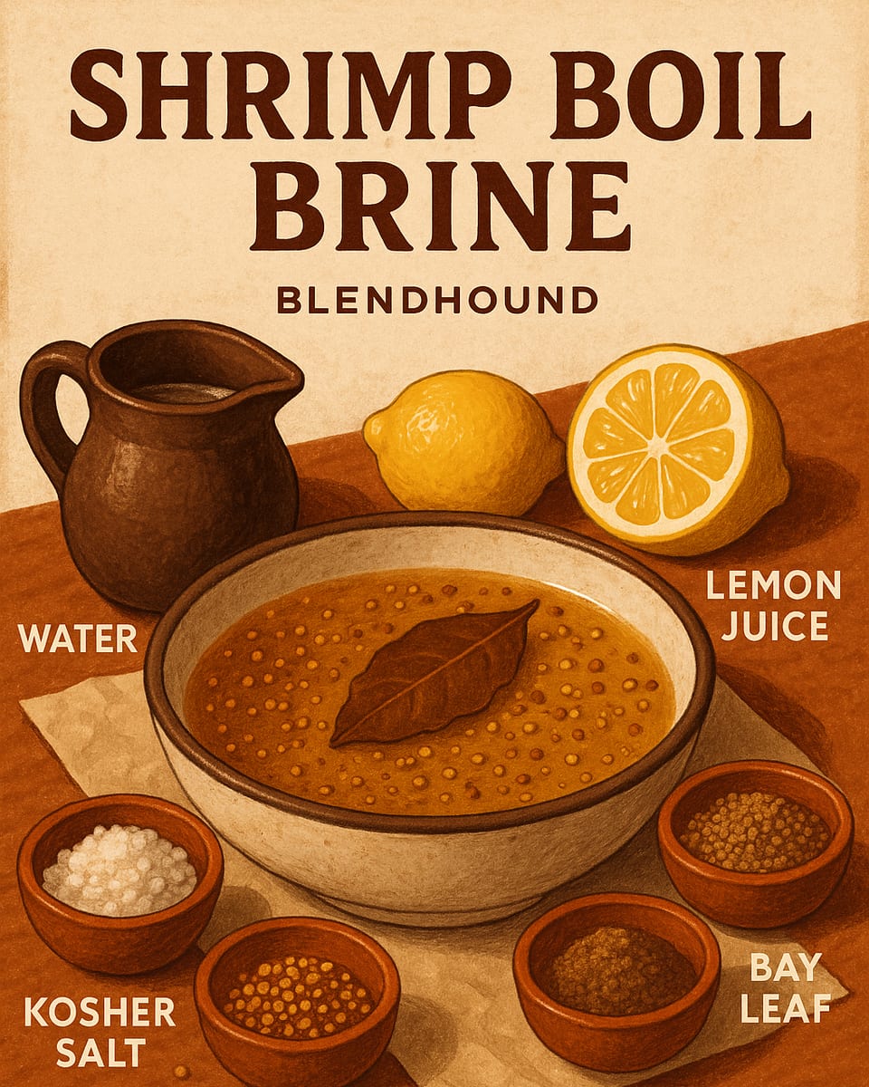 Illustrated BlendHound poster for Shrimp Boil Brine, a brine & marinade featuring water, kosher salt, lemon juice.