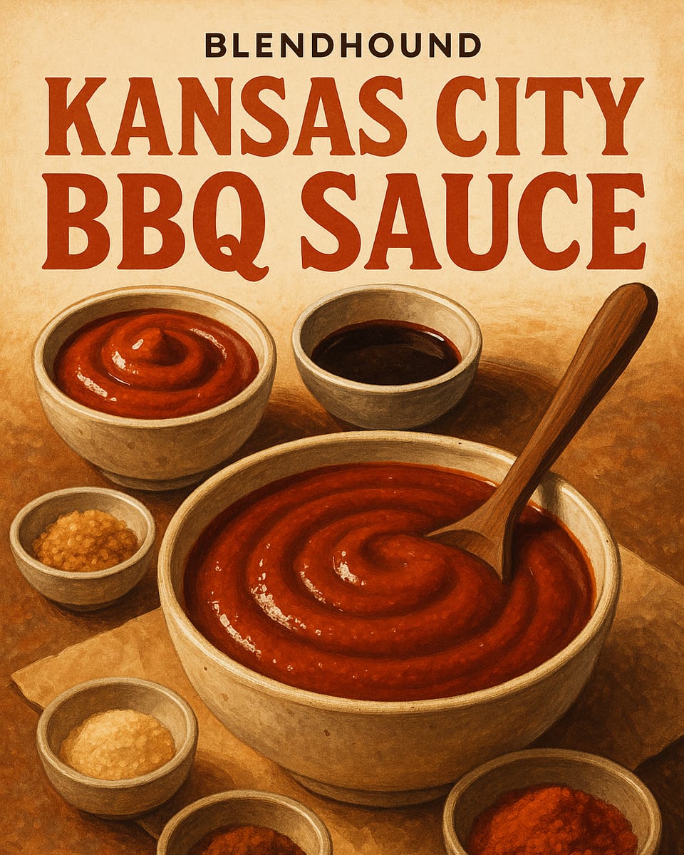 Illustrated BlendHound poster for Kansas City BBQ Sauce, a sauce featuring ketchup, brown sugar, apple cider vinegar.