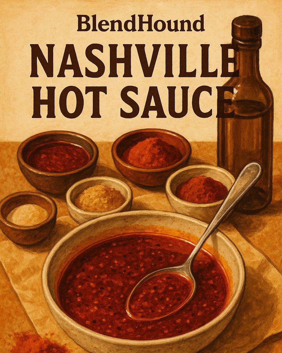 Illustrated BlendHound poster for Nashville Hot Sauce, a sauce featuring hot sauce, cayenne pepper, brown sugar.