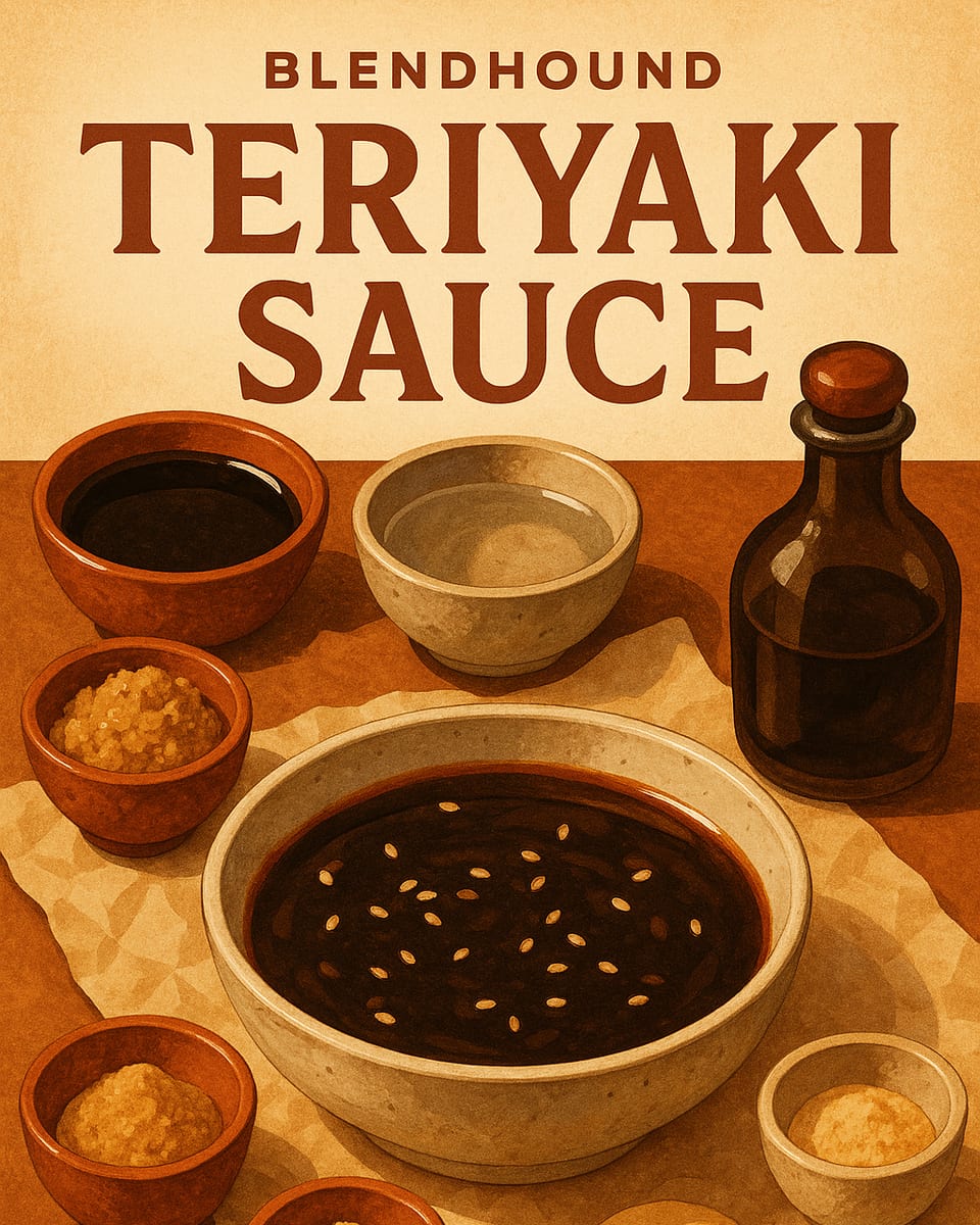 Illustrated BlendHound poster for Teriyaki Sauce, a sauce featuring soy sauce, brown sugar, water.