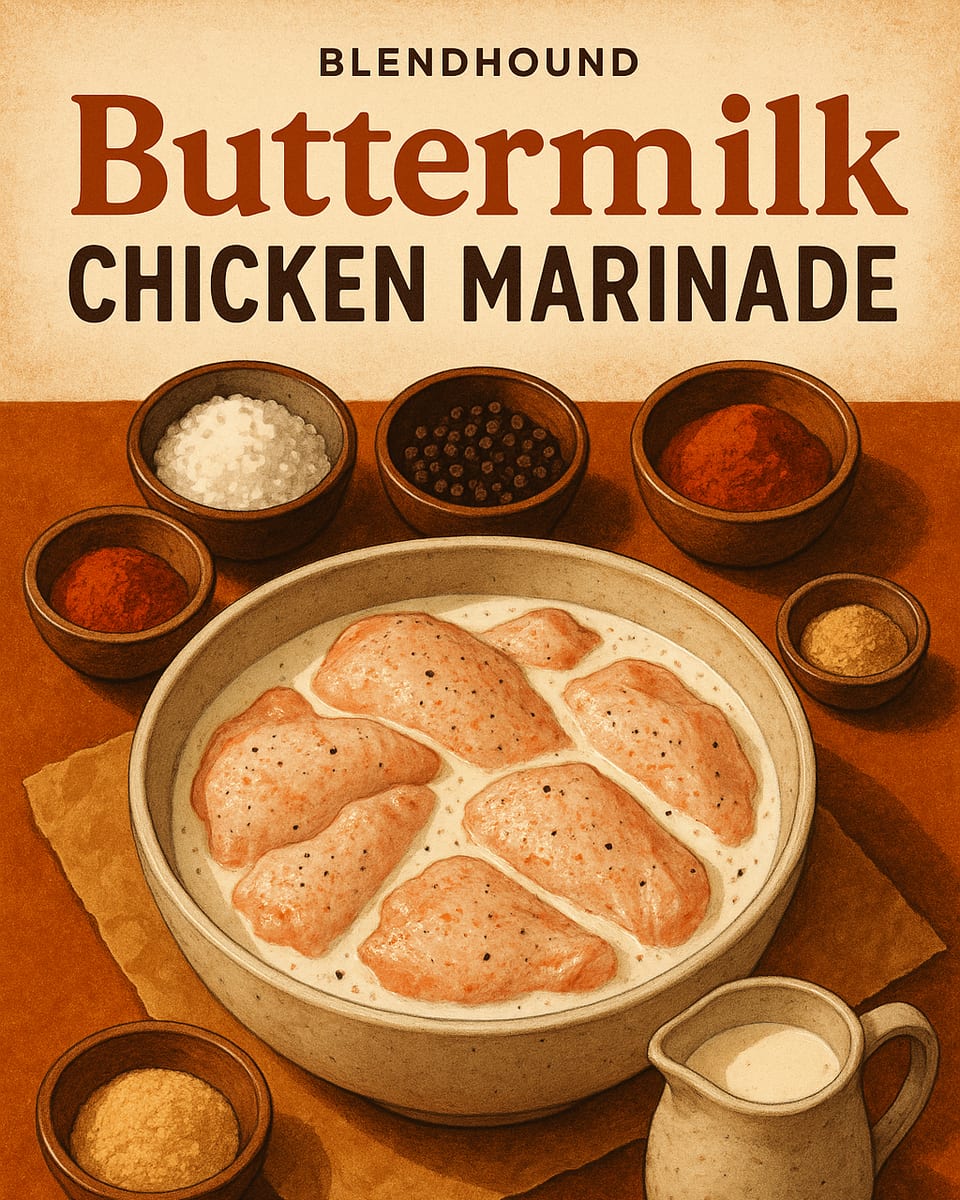 Illustrated BlendHound poster for Buttermilk Chicken Marinade, a brine & marinade featuring buttermilk, salt, black pepper.
